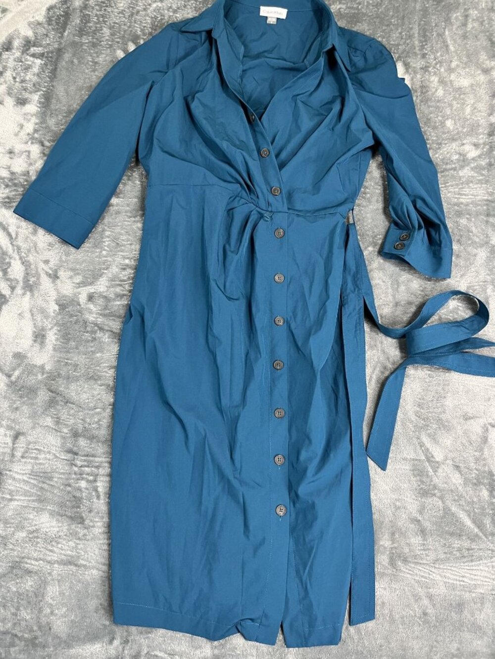 Calvin Klein Womens Blue Button-Front Shirt Dress Waist Tie 12